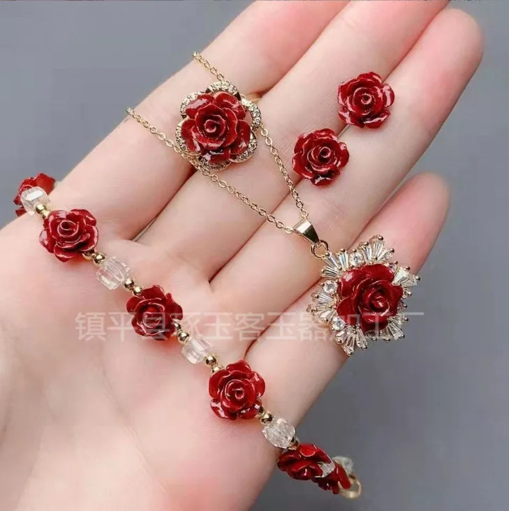 

Natural Cinnabar Rose Ring Pendant Earrings Raw Mineral Cinnabar Woven Ring Rose Bracelet
