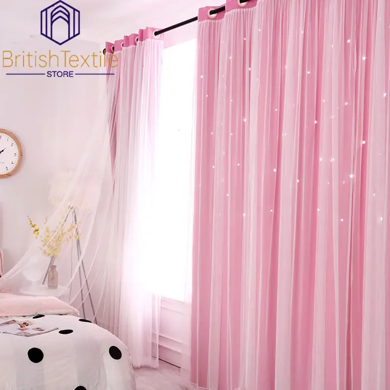 

Korean Style Curtains for Living Room Bedroom Hollow Stars Ins Princess Wind Curtains Blue Pink Multicolor Optional Custom Made