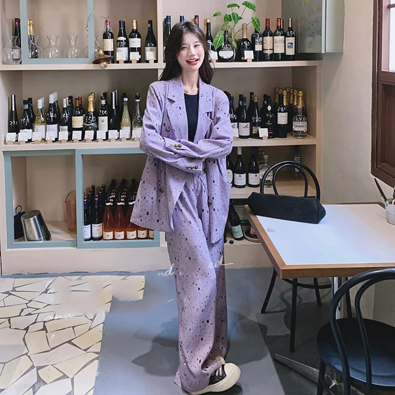 Korean Style Casual Two Piece Set Autumn New Female Business Printing Loose Jacket+Fashion Vintage Wide Leg Trousers