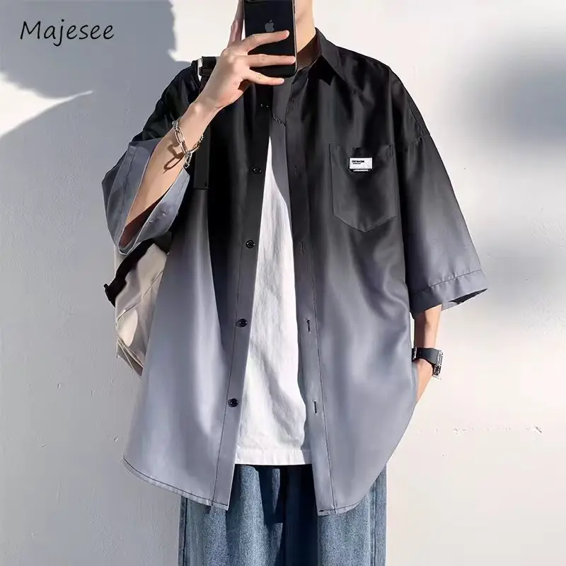 

Shirts Men Gradient Color Pockets Fashion Casual Summer Breathable Youthful Korean Style All-match Handsome Single Breasted New