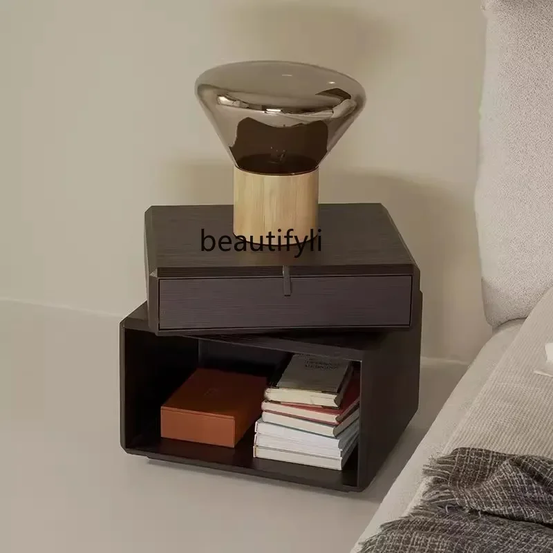 xzItalian style, rotating bedside table, all solid wood, storage bedside, smoky color cabinet.