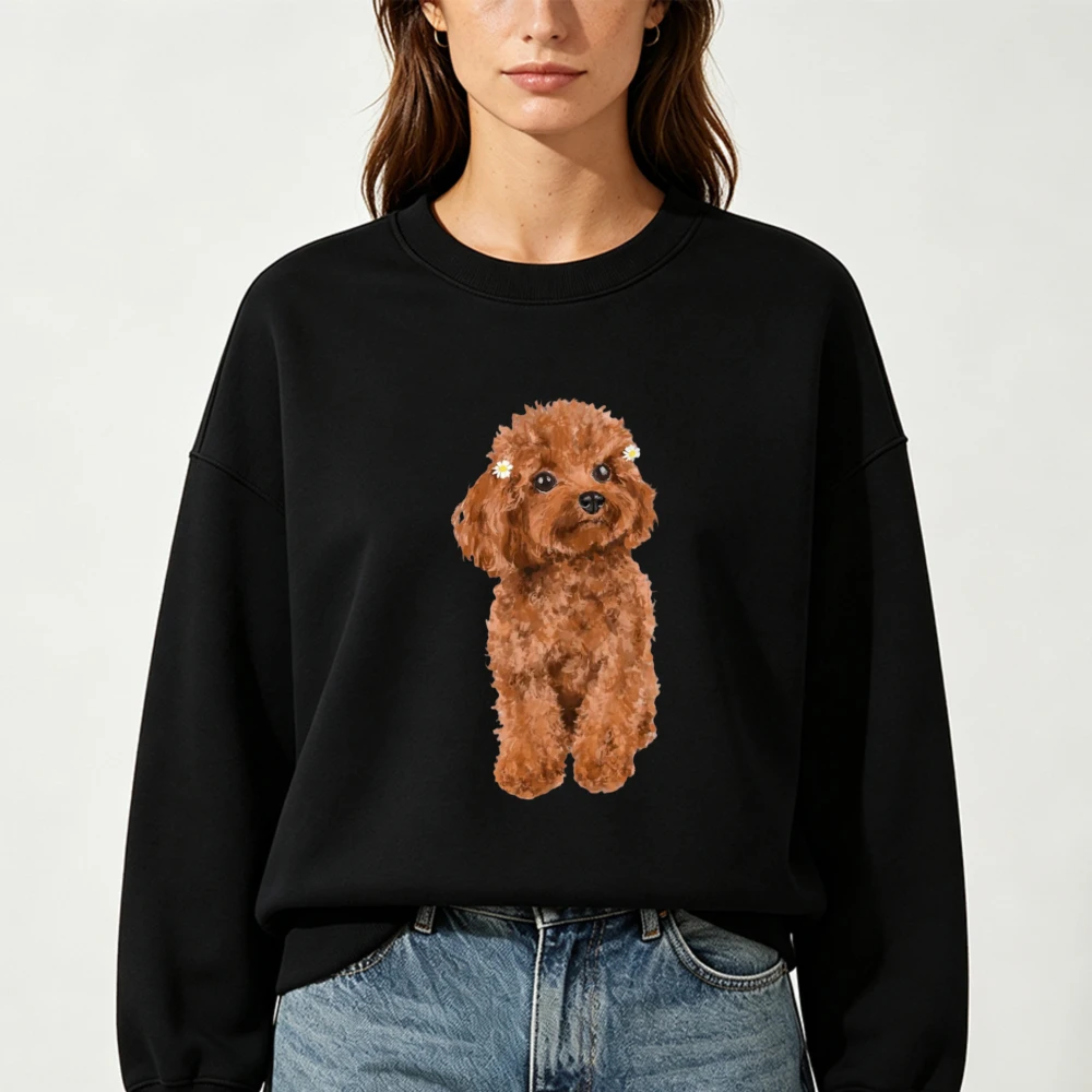 Pet Owner Pullover Sweatshirt Realistic Brown Toy Poodle Printed Crewneck Soft Casual Long Sleeve Tops for Winter Clothes Women