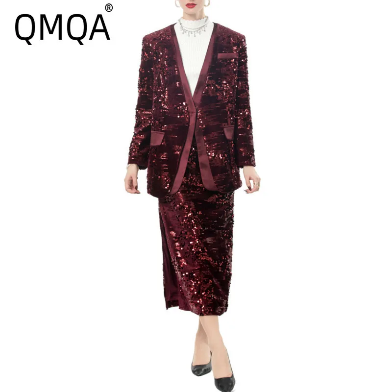 QMQA Fashion Women's Sequins 2 Piece Set V-neck Wine Red Single Button Long Sleeved Jacket Pencil Skirt Sets Female New 1A942