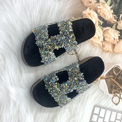 Women's Casual Home Slipper  Summer Flat Bling Diamond Slipper Street Style Flat Flip Flop With Double Straps