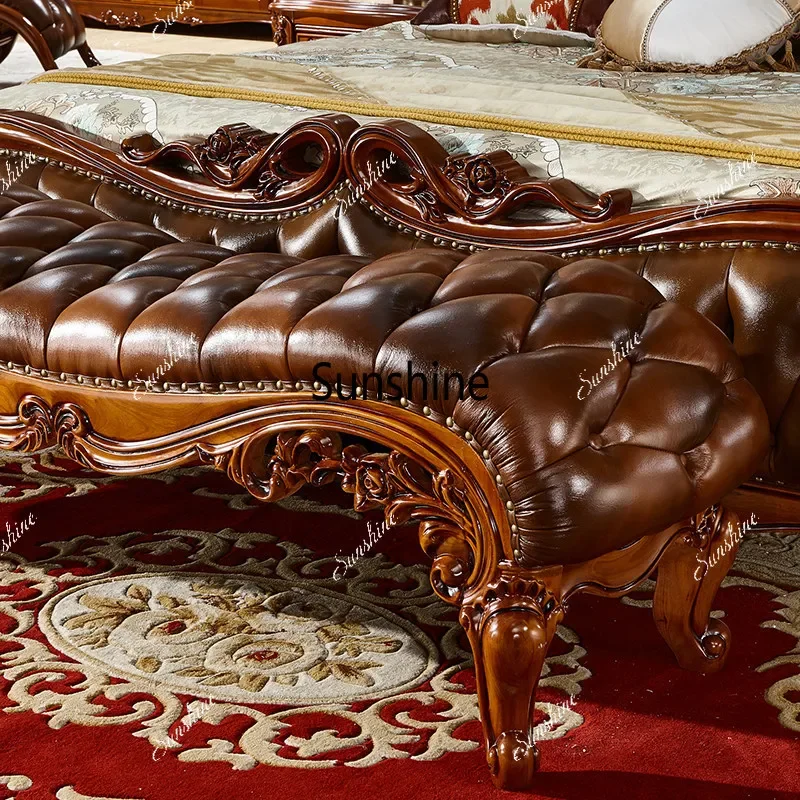 European style bed tail full solid wood carving flower shoe bench bedside simple and modern  FT