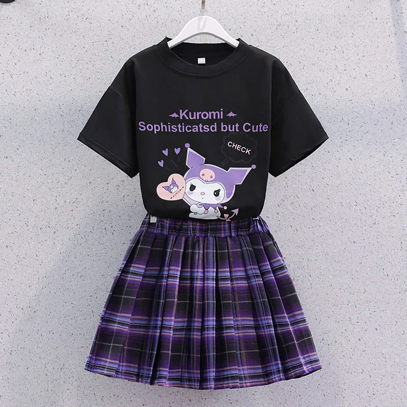 2024 Cute Kuromi Girls Sets Sanrio Kawaii Anime Clothes Summer Girl Heart Cartoon Cute Pleated Skirt Two-Piece Set Kids Gifts