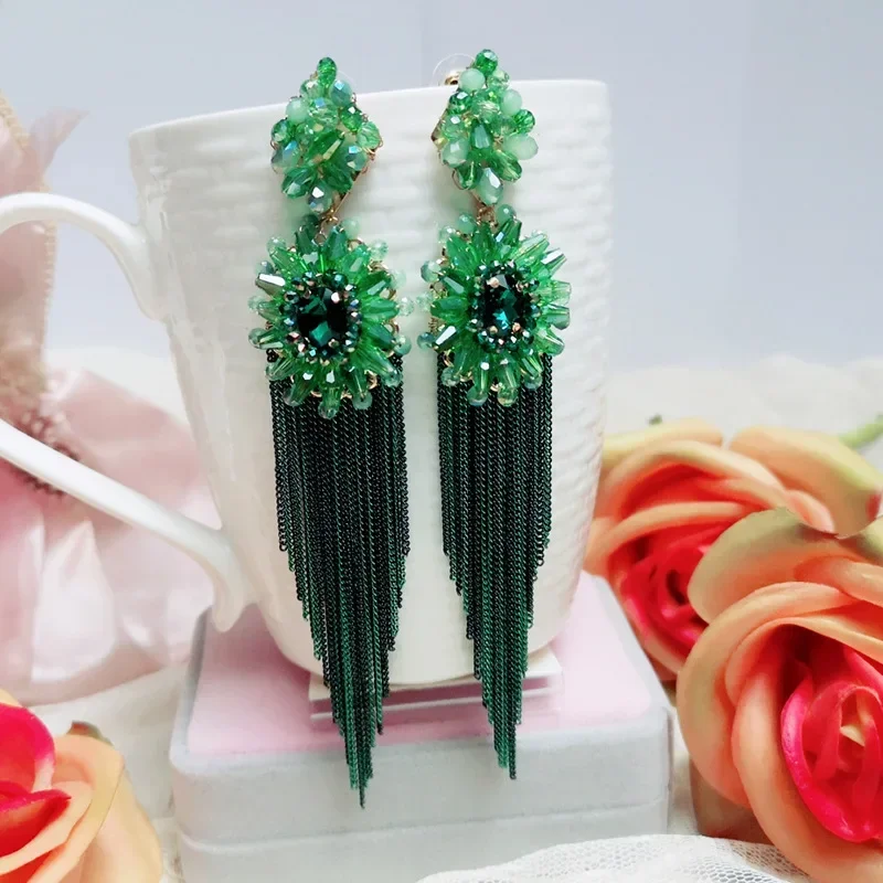 2024 Bohemian Retro Ethnic Flowers Tassel Earrings Handmade Jewelry Exaggerated Long Earrings for Women