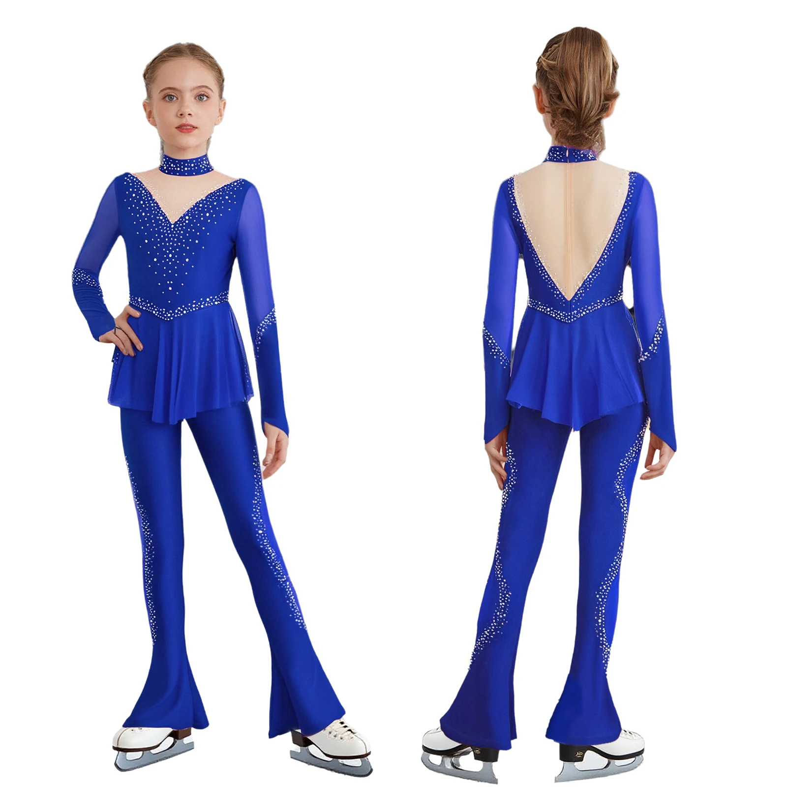 Girls Figure Skating Gymnastics Leotard Shiny Rhinestones Long Sleeves Sheer Mesh Jumpsuit Ballet Dance Acrobatics Yoga Costume