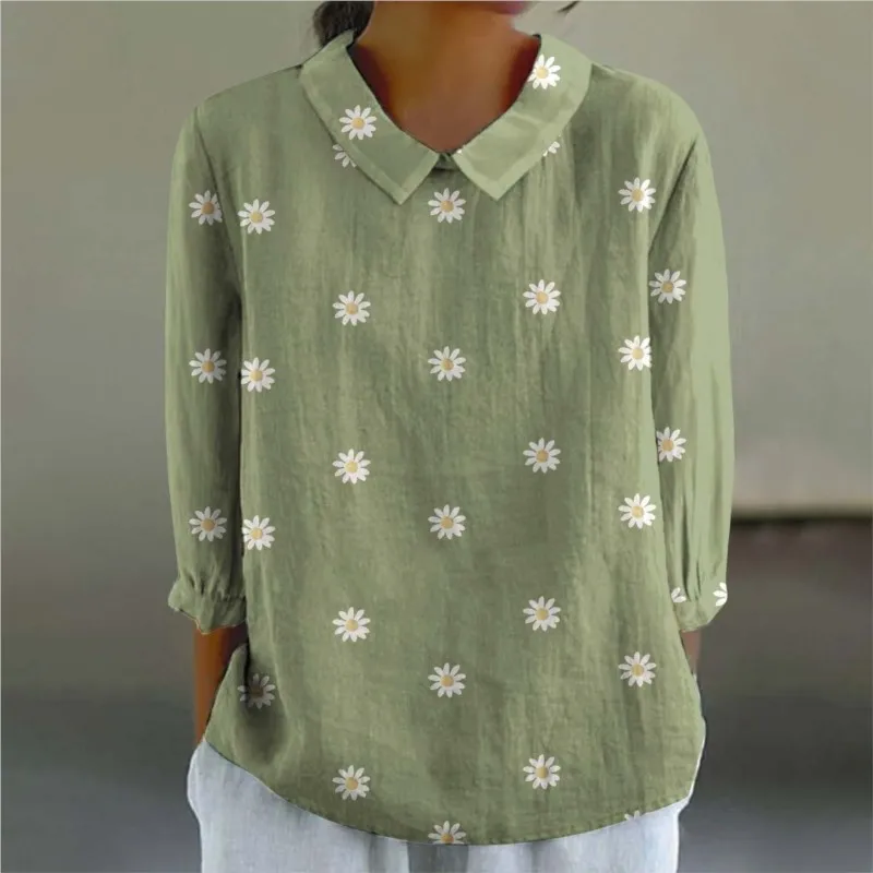 Soring Fall Vintage Blouses Casual New Long-sleeve Bamboo Linen Lapel Print Fashion Versatile Shirt Elegant Women Top Streetwear