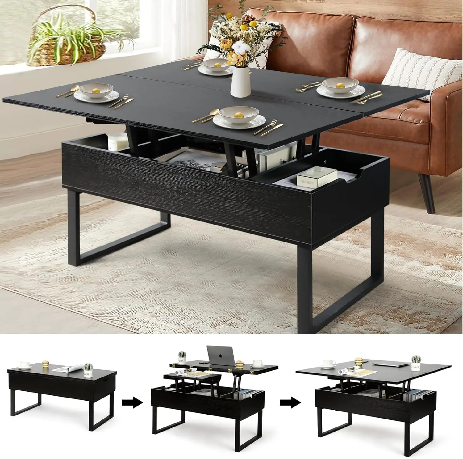 Lift Top Coffee Table, 3 in 1 Multi-Function with Hidden Compartment for Living Room, Modern Lift Coffee Table Converts