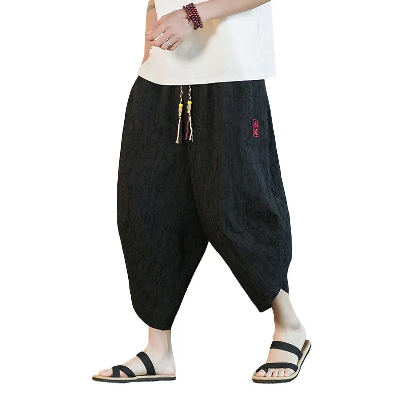 Calções tradicionais kimono japonês calças de roupas asiáticas masculinas samurai japonês casual solto calças de linho yukata calças de perna larga