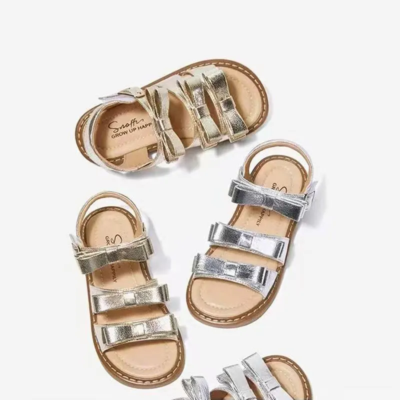 Toddler Girls Shool Summer Sandals Kids Rose Gold Birthday Shoes Bows Gladiator Sparkle Leather Sandals Girls 4 5 6 8 Years