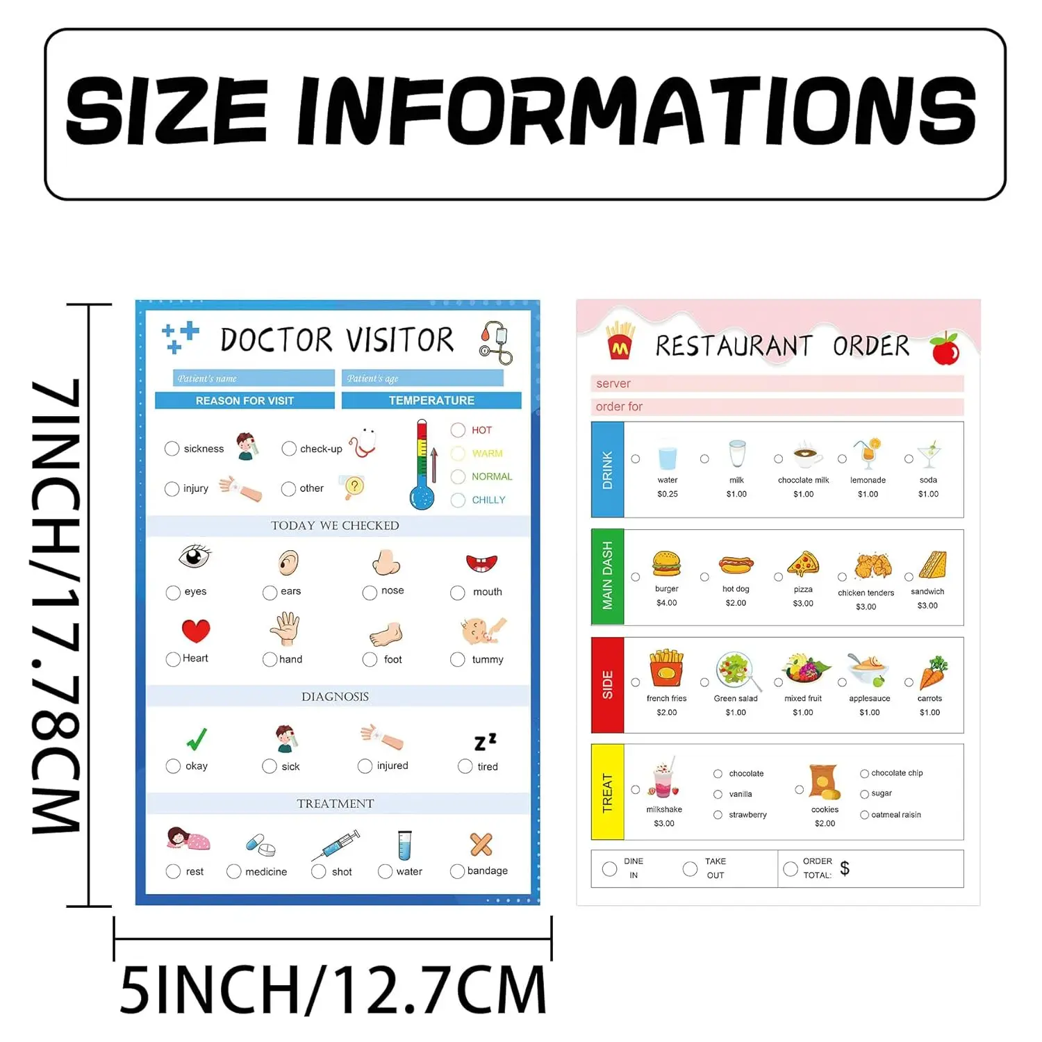 2 Pack Playtime Notepads Kids Pretend Play Notepads Kitchen Food Diner Menu Order-Taking Restaurant Notepad Doctor Visit Notepad