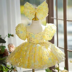 Primeiro aniversário do bebê fofo malha Tutu vestidos, vestido de jantar de lantejoula flor menina grande arco, vestido de casamento luxuoso, 1 a 10 anos