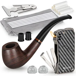 Scotte Handmade Wood Pipe and Cigar Lighter Set Cigar Accessories Soft Flame Refillable Butane Lighter 3 Foldable Cleaners Tools