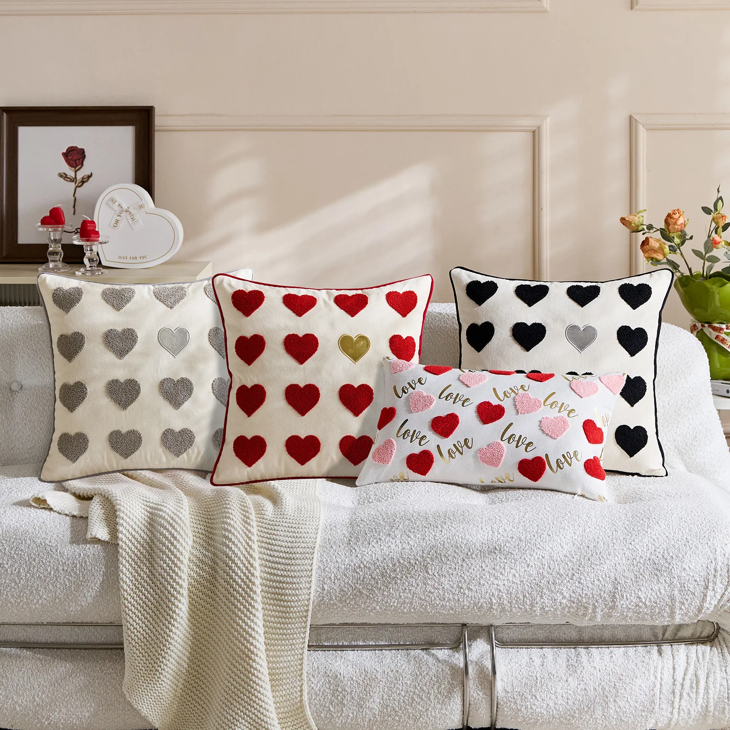 Valentines Day Decor Pillow Cover Embroidery 45x45cm Black Red Gray Sweet Hearts Cotton Linen Home Decor Living Room Bedroom