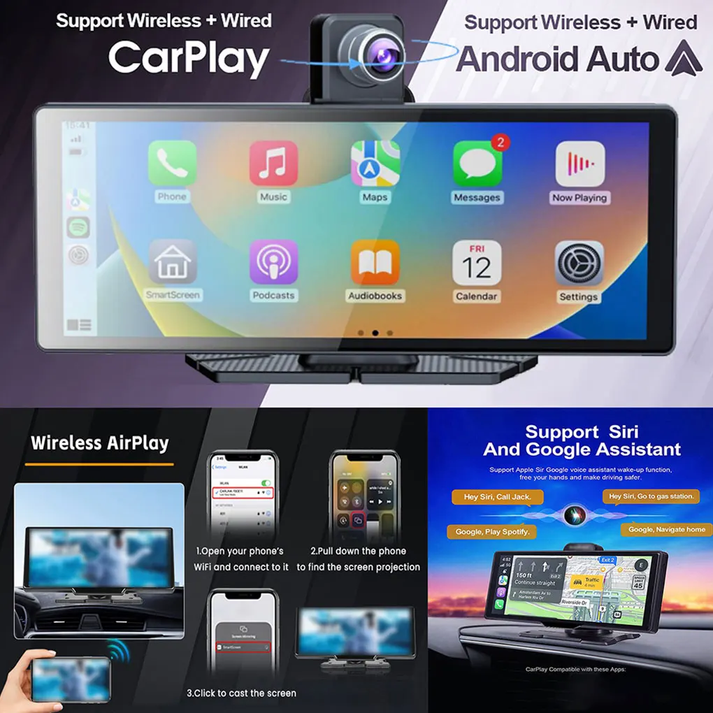 

10,26-дюймовый видеорегистратор, центральная консоль автомобиля, умный экран, Carplay, передние и задние двойные записывающие устройства, 4K + 1080P, поддержка приложения, WIFI/с задней камерой