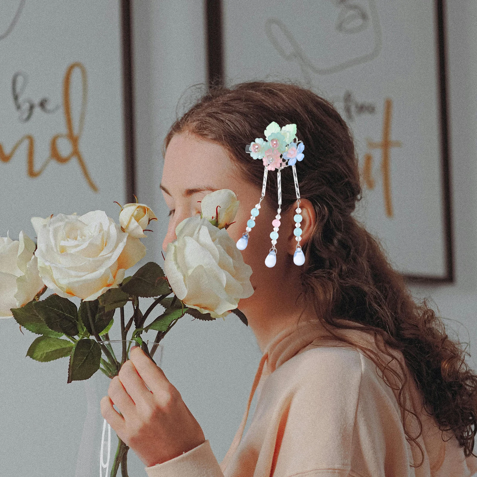 

Flower Tassel Hair Clip Pins Chinese Accessories Traditional Temperament Clips Alloy Flowers Bride