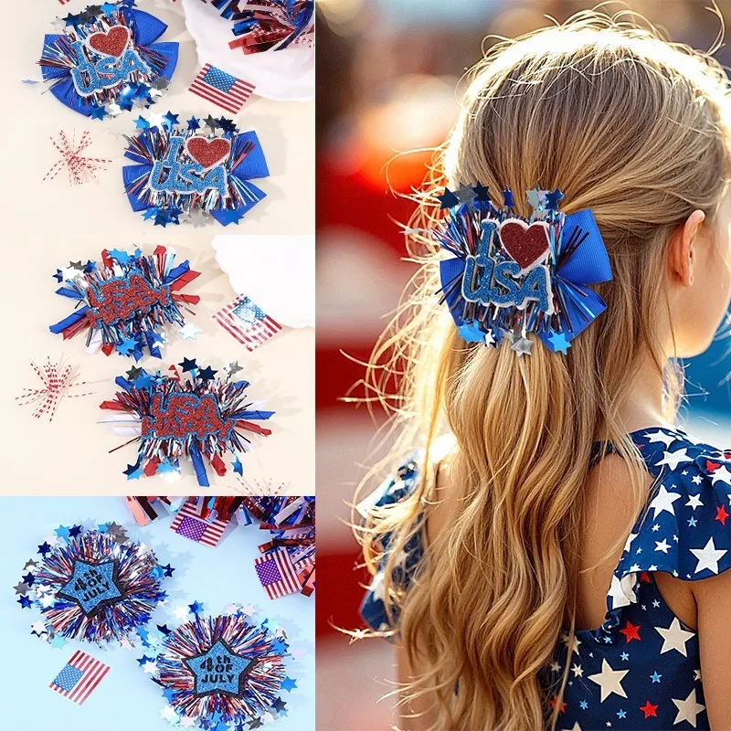 4th of July Patriotic Hair Bows Kids USA Star Tinsel Hair Clips Girls Independence Day Party Parade Photo Hair Accessories