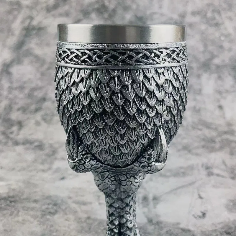 Creative retro silver dragon claw three-dimensional relief dragon scale high footed cup 304 stainless steel resin bar wine mug