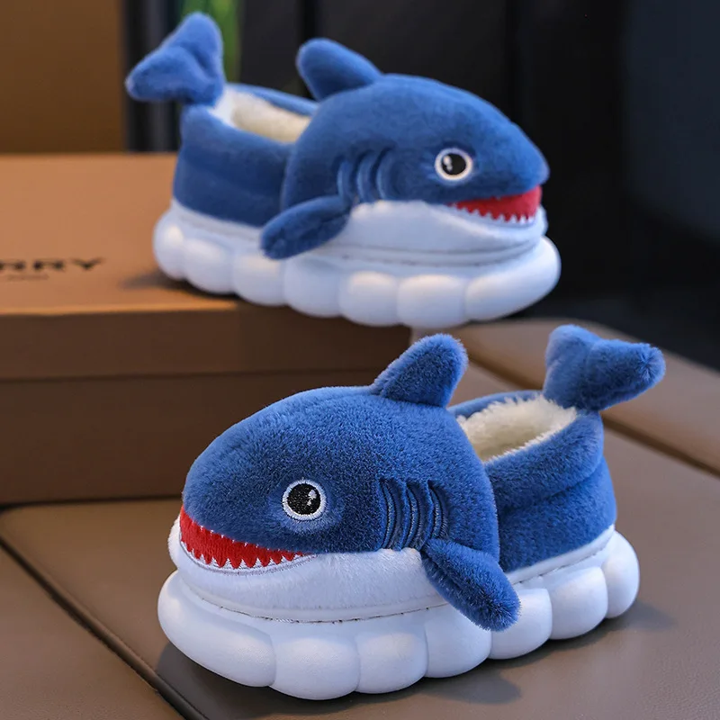 New Winter Wrap Heels Cute Cartoon Shark Cotton Slippers Children's Non-slip Soft For Kids Girls Boys Baby Warm Plush Home Shoes
