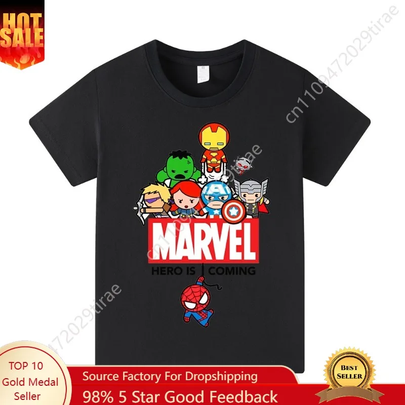 

Marvel Summer New Q-Version Marvel Family Pattern Printed Cotton T-shirt Comfortable Parent T-shirt Cosplay