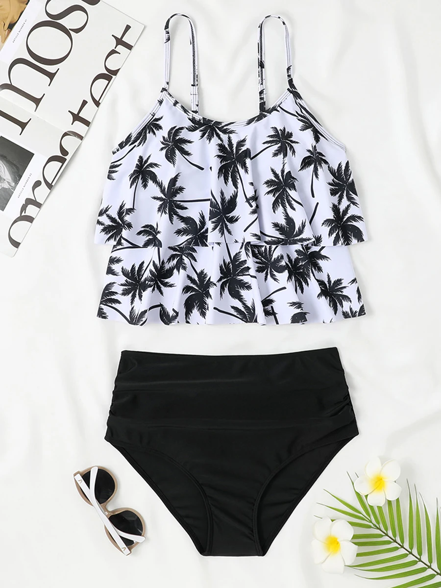 2023 Printed Tankini Two Piece Swimsuit Women Strape Ruffle Swimwear Female Triangle Bathing Suit Beachwear Swimming Summer