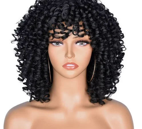 Short Hair Afro Curly Wig with Bangs For Black Women Synthetic Wigs Natural Hair Brown Mixed Wig for Daily Party Cosplay