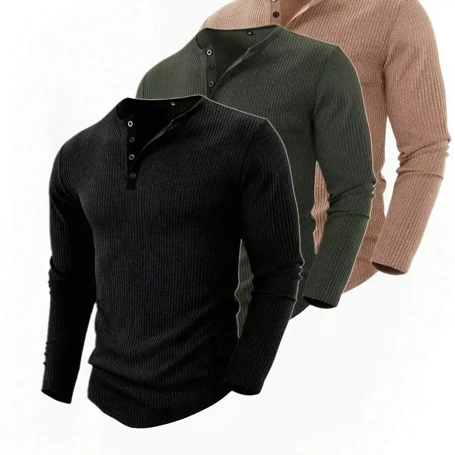 3pcs Mens Ribbed Knit Henley Tops Autumn Casual Long Sleeve Tees