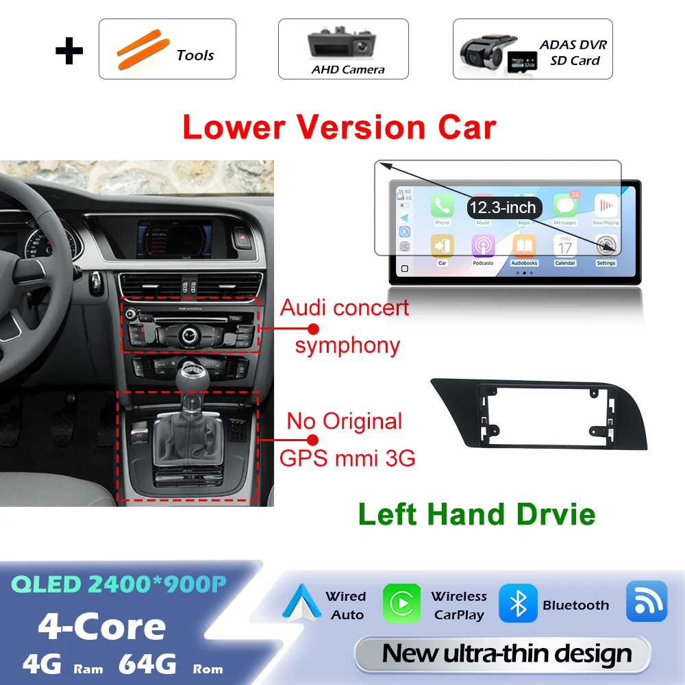 Android 16 draadloze Carplay autoradio multimediaspeler GPS navigatie ultradunne scherm DSP stereo WiFi voor Audi A4 B8 A5 2009 - 2016