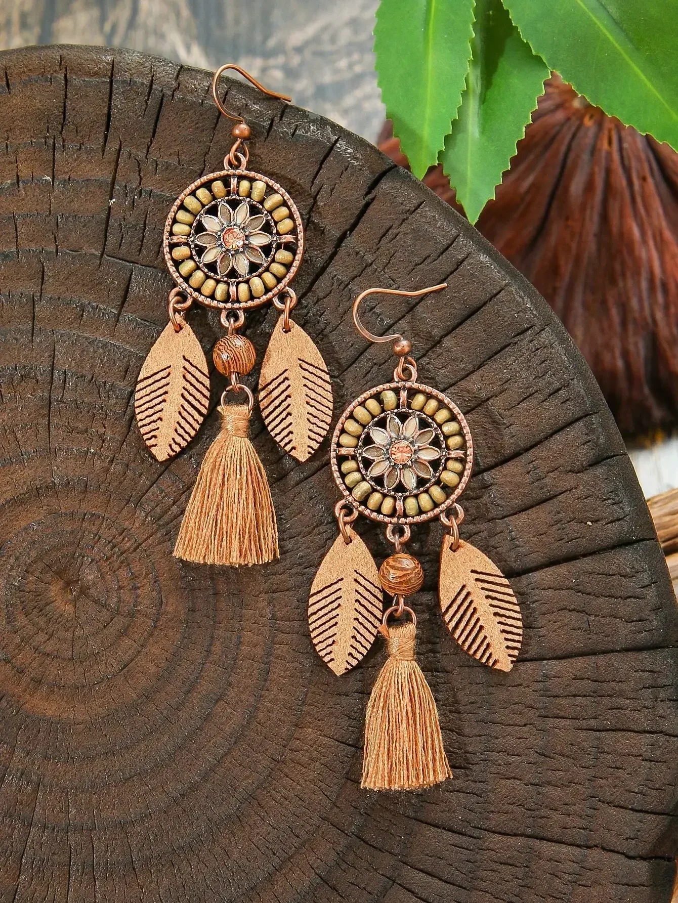 

Bohemian Brown Tassel Earrings And Layered Pendant Necklace Set For Women