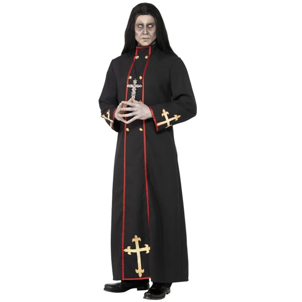 Halloween Medieval Catholic Priest Costume Horror Father Black Robe Carnival Men's Dreadful Pastor Monk Wizard Fancy Party Dress