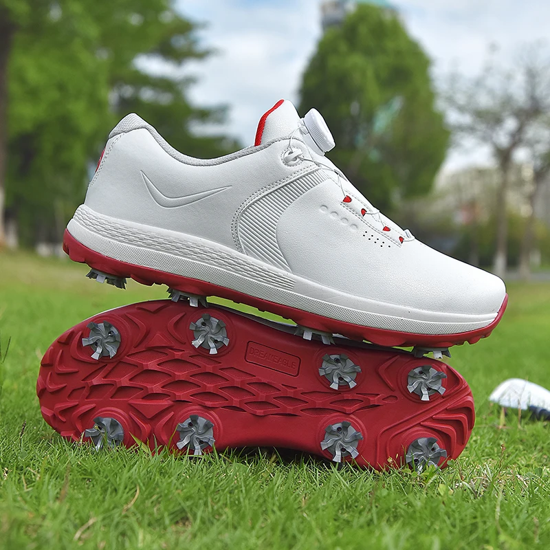 Spiked Golf Shoes  Men\'s White Professional Waterproof Spikes Training Golf Sneakers Non slip Rotary Buckle Golf Golfer Footwear