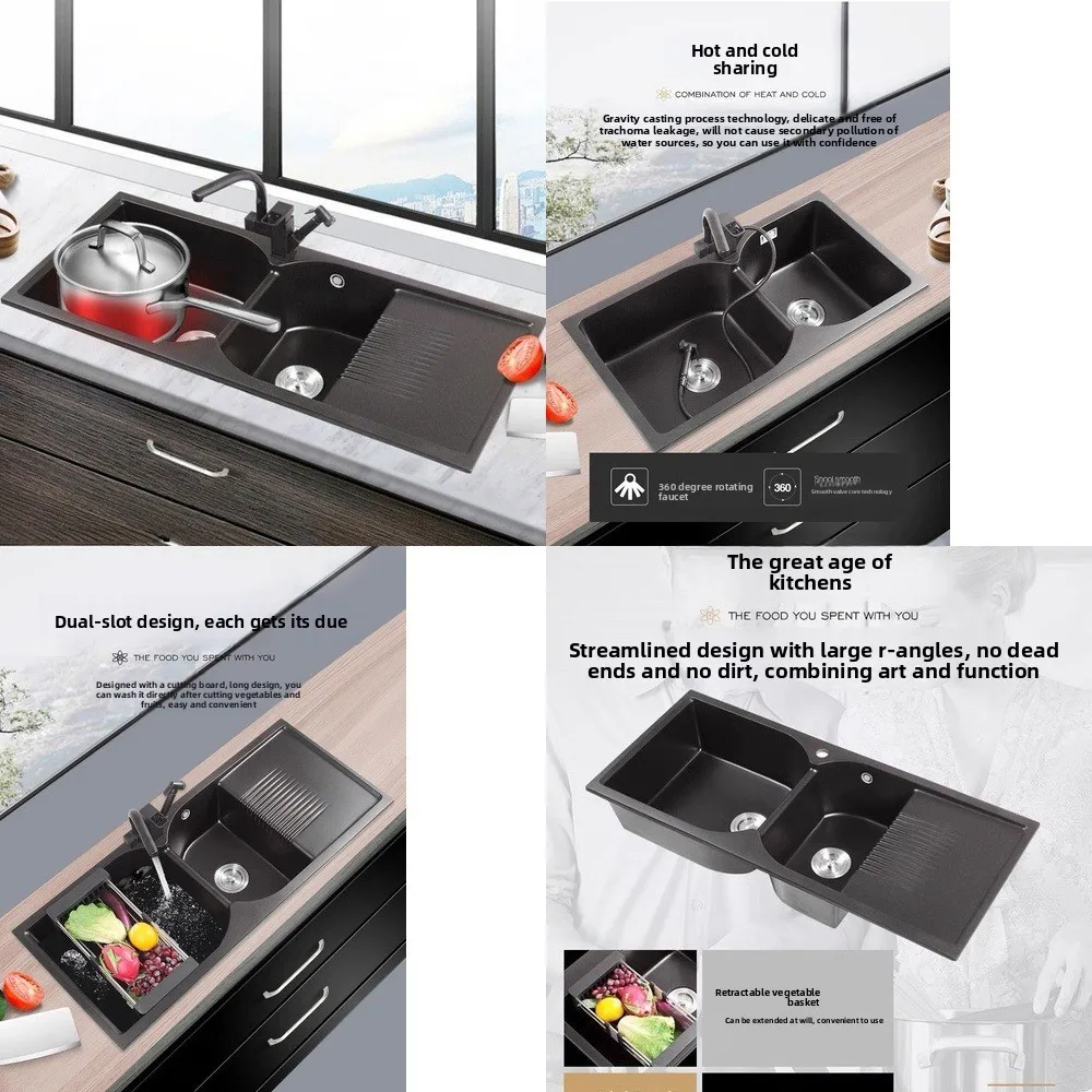 

Thickened Double Basin Undermount Kitchen Quartz Stone Sink with Cutting Board Washing Bowl Dishwashing Pool Home Sink