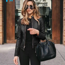 Casual Woman Zipper Leather Jacket Spring Fashion Long Sleeve O-neck Pure Color Jackets For Women 2024 Black Slim Pu Veste Femme