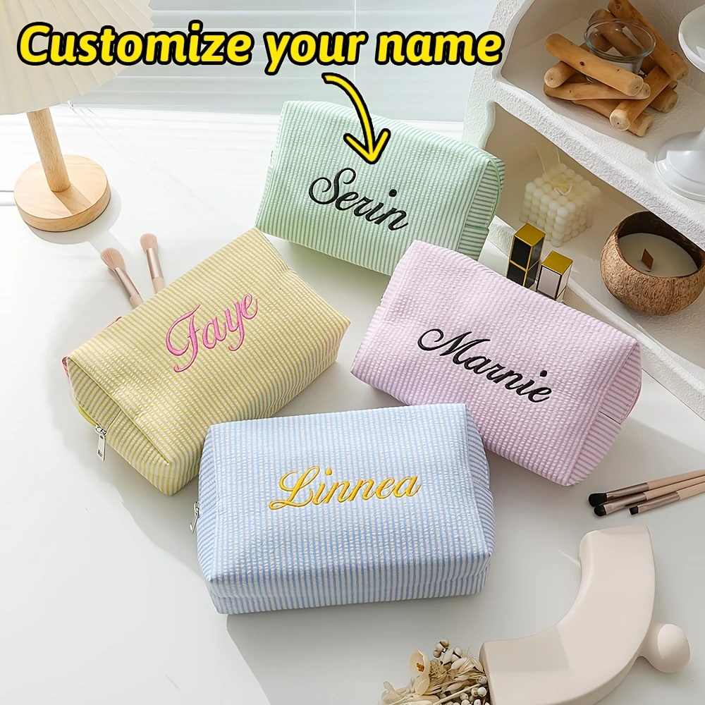 Personalized Striped Toiletry Bag, Embroidered Name Portable Polyester Cosmetic Storage, Ideal for Travel School Dorm & Home