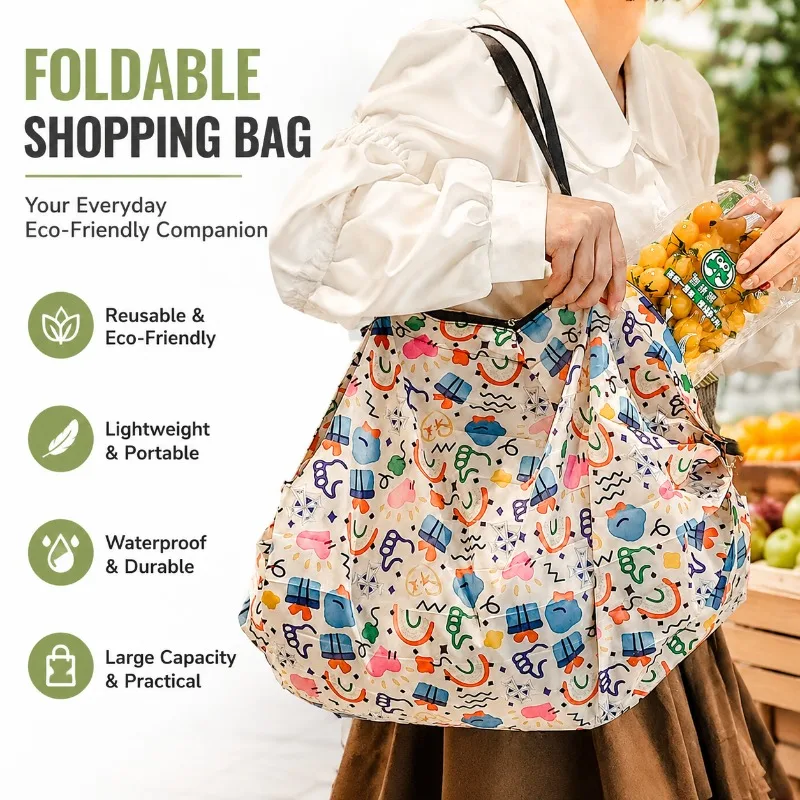 Ultra‑light Portable Folding Shopping Bag Large‑capacity Waterproof Fabric Hand‑held Eco‑friendly Tote Reusable Storage Pouch