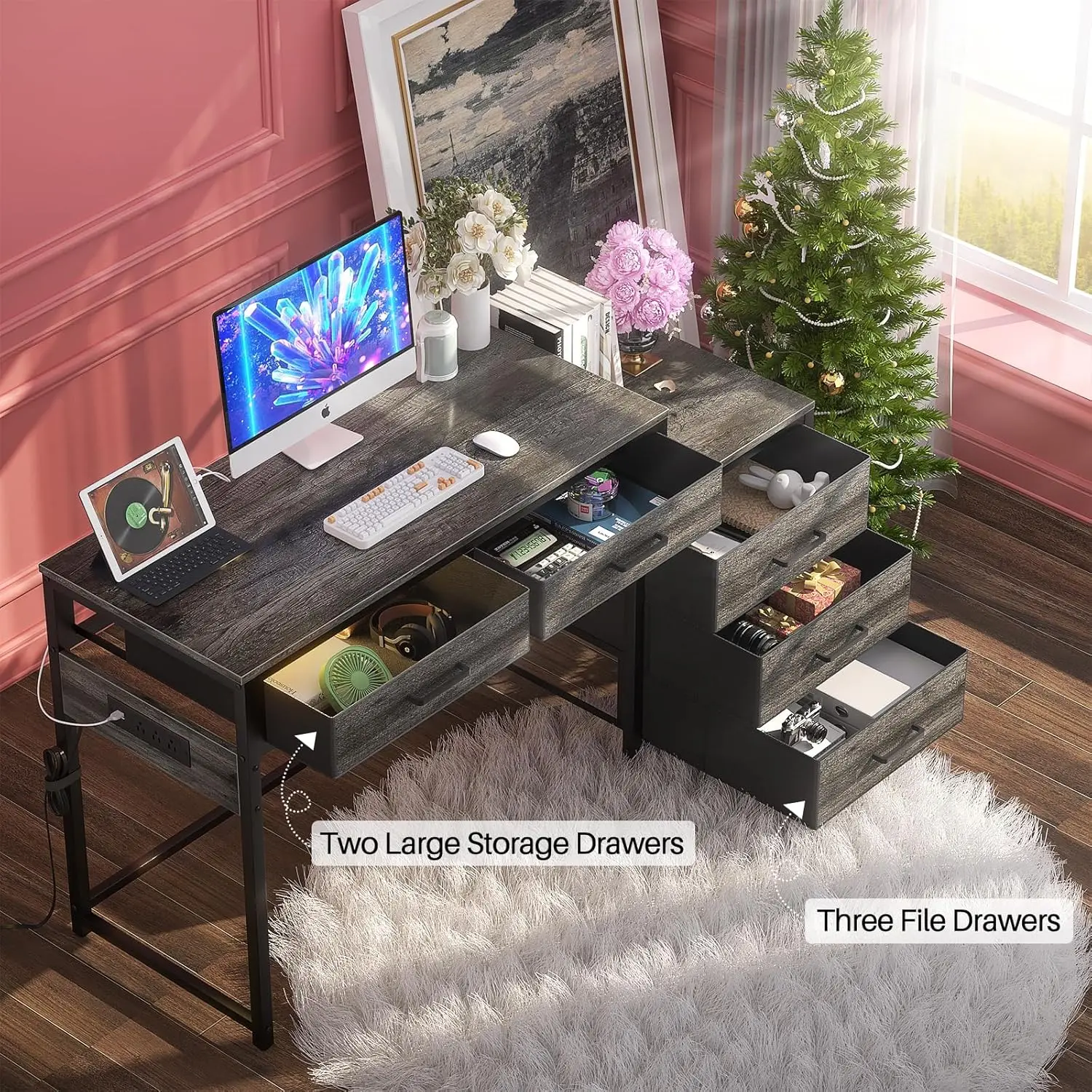 Computer Desk with 5 Drawers,with Power Outlets and USB Charging Ports, Sturdy Writing Table with File Cabinet Printer Stand