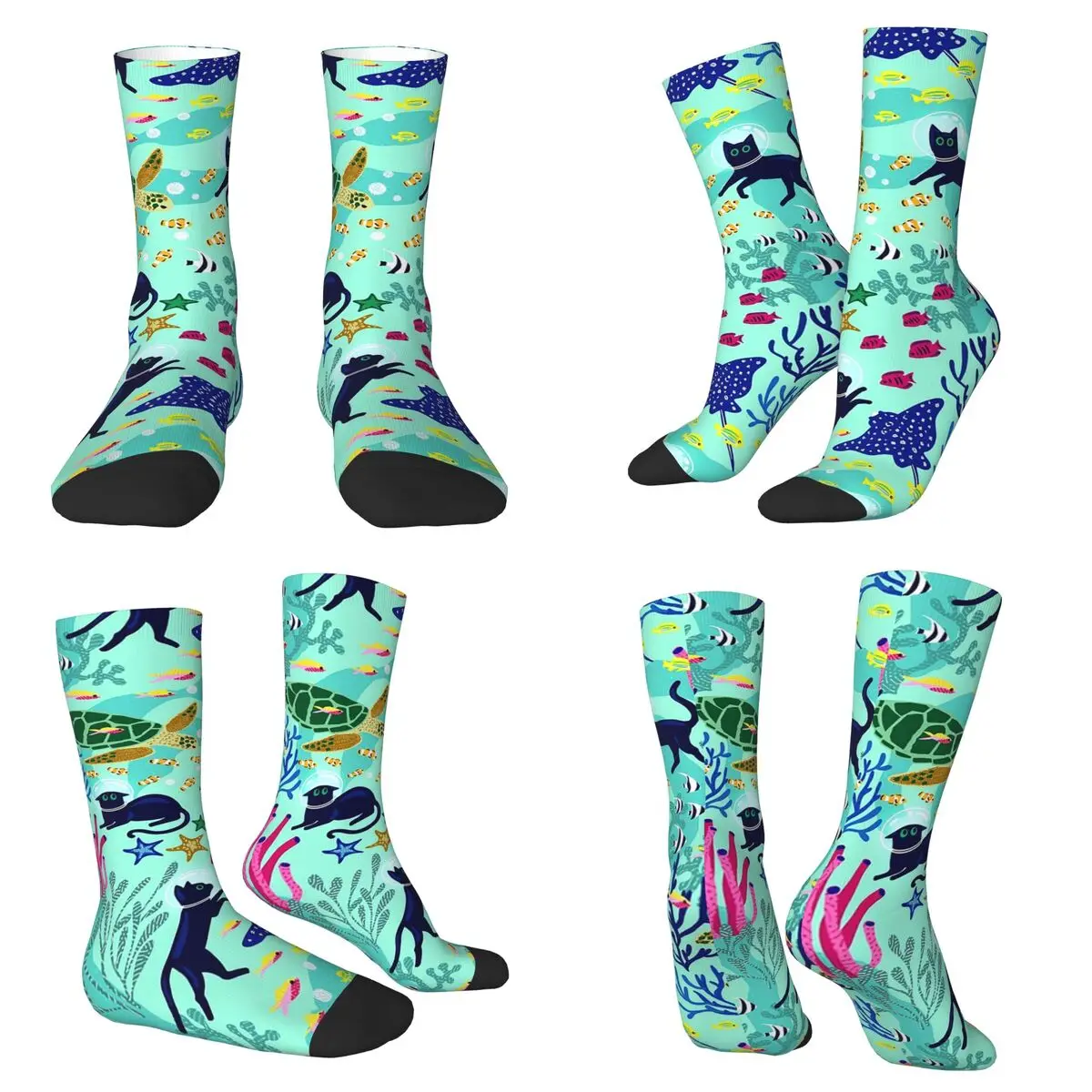 Cartoon Star Sea Cat And Fish Socks Harajuku Sweat Absorbing Stockings All Season Long Socks for Man Woman Valentine's Day Gifts