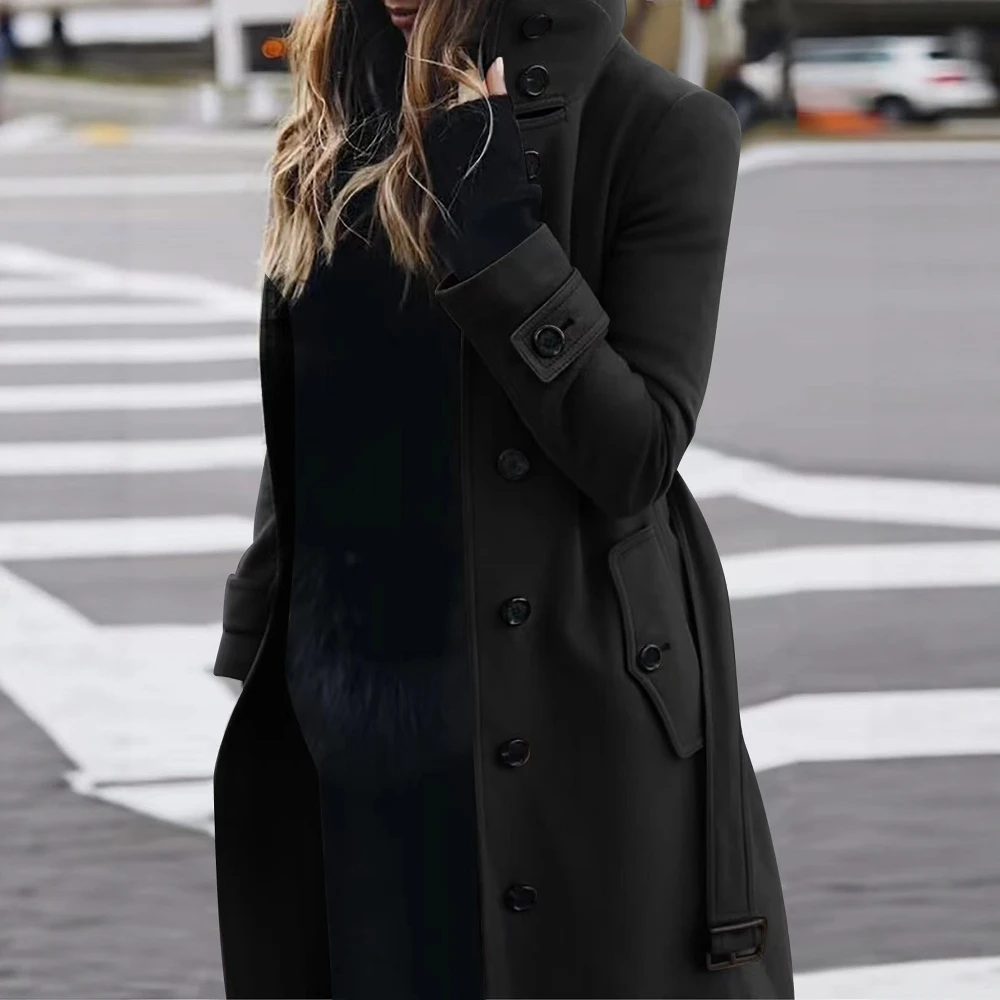Women's Coats Winter 2025 Edgy Chic Solid Color High Neck Long Sleeve Longline Button Front Trench Coat