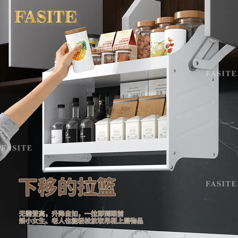 For Kitchen Wall Cabinet Pull Down Storage Basket Damping Lift Up Shelf Seasoning Organizer Top Cupboard Hanging Rack Space