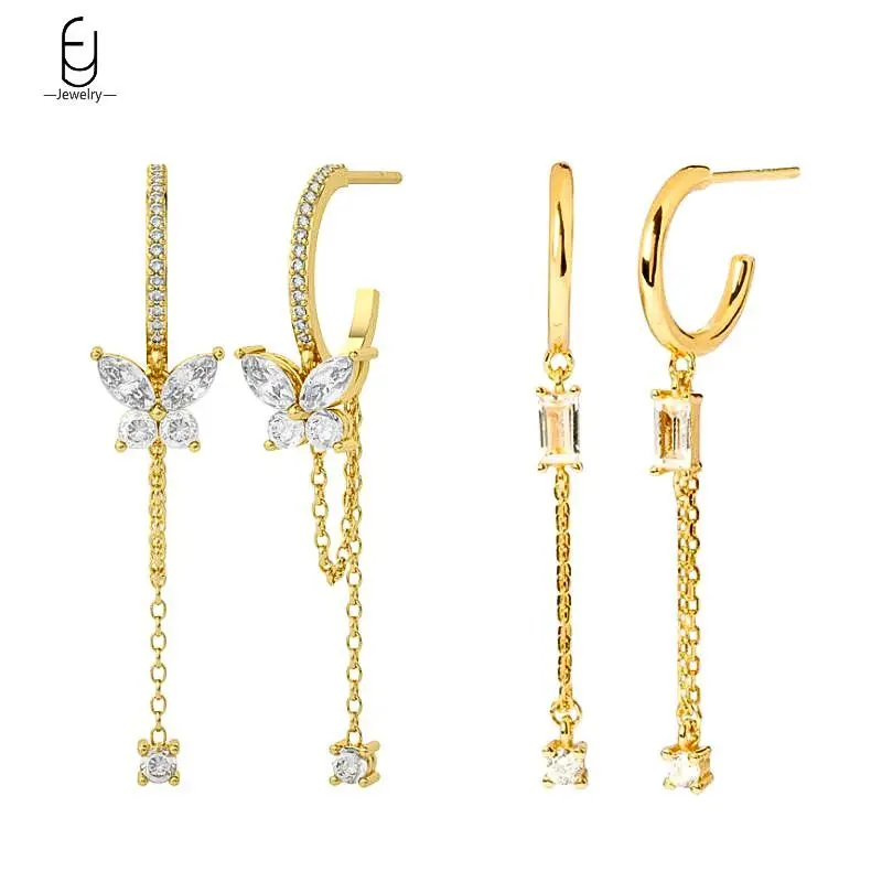 

925 Sterling Silver Needle Long Chain Tassel Pendant Earrings For Women Luxury Butterfly Crystal C shape Earrings Fine Jewelry