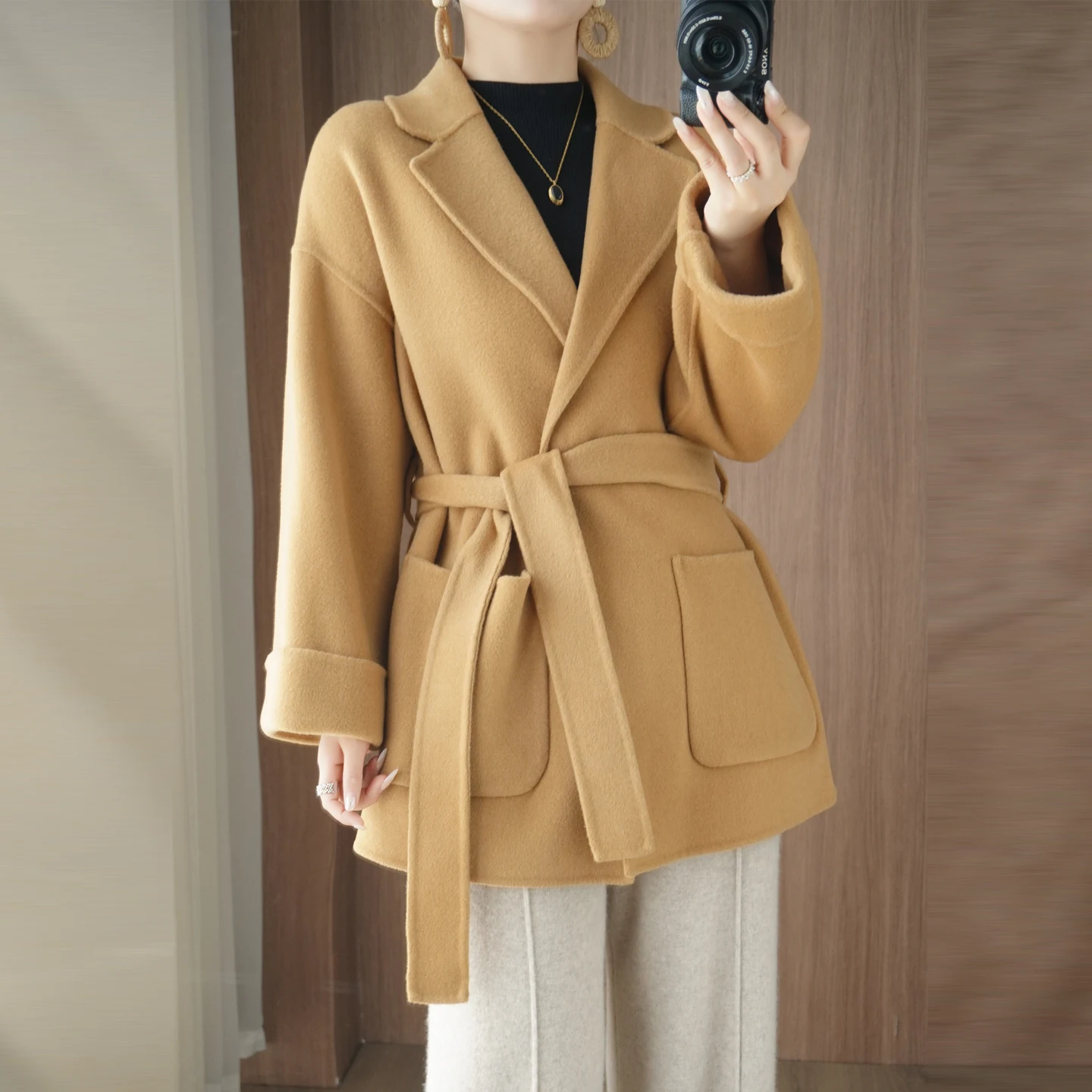 

Ladies' 100% pure wool coat, Korean casual solid color, Korean loose jacket, lapel pocket, loose cardigan