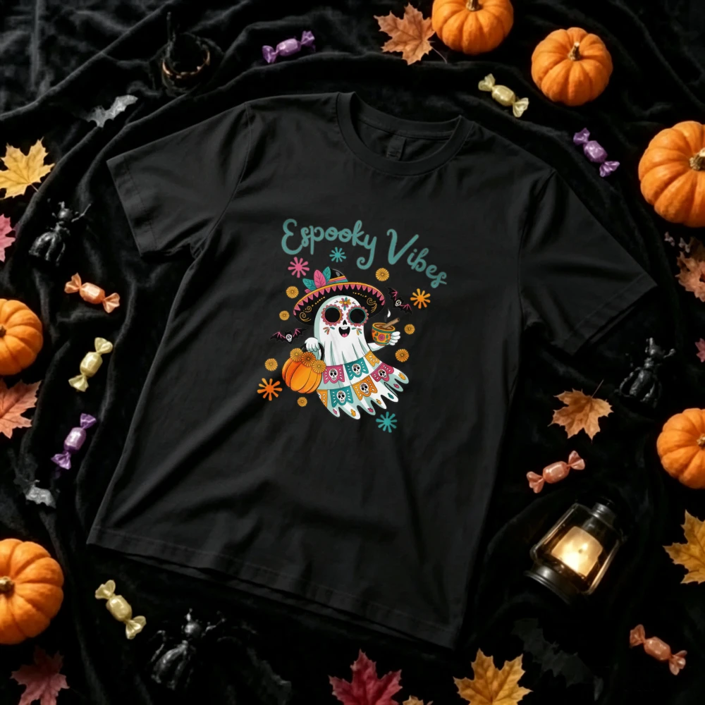Espooky Vibes Dia De Los Muertos Ghost T‑Shirt Cute Ghost with Sombrero Pumpkin Bat Colorful Folk Floral Fiesta Halloween Tees