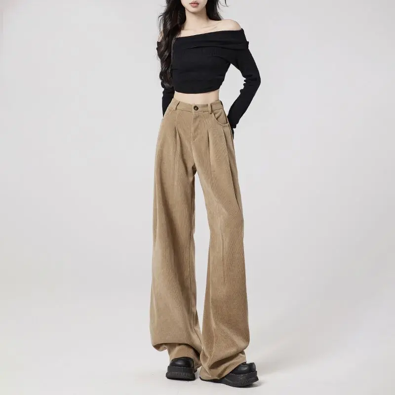 

Retro Women's Autumn and Winter New Patchwork High Waisted Button Zipper Pocket Fashion Solid Color Loose Corduroy Casual Pants