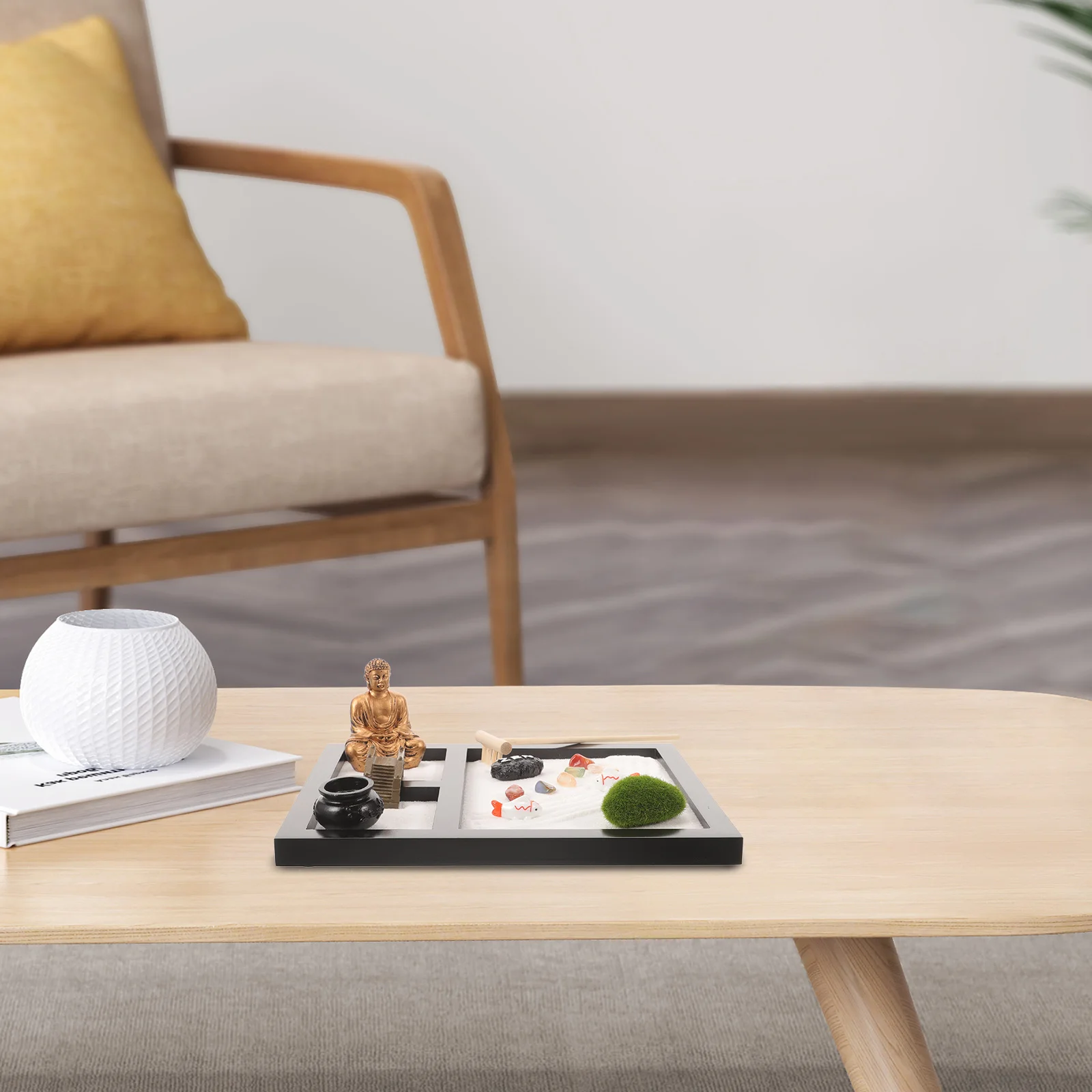 ชุดตกแต่งสวนเซนไม้ 1 กล่อง สำหรับการทำสมาธิ ตกแต่งภูมิทัศน์ขนาดเล็ก ของตกแต่งโต๊ะทำงาน ตกแต่งสวนทราย