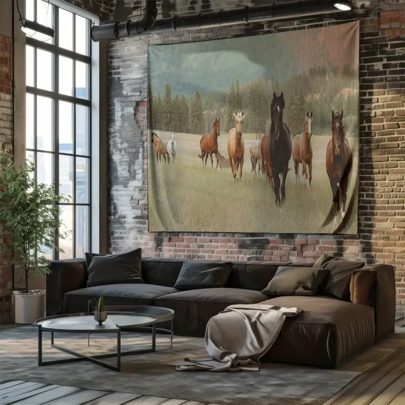 Galloping Horses in Mountain Meadow with Pine Forest Background Tapestry Machine Washable All Season Decor Home Easy to clean