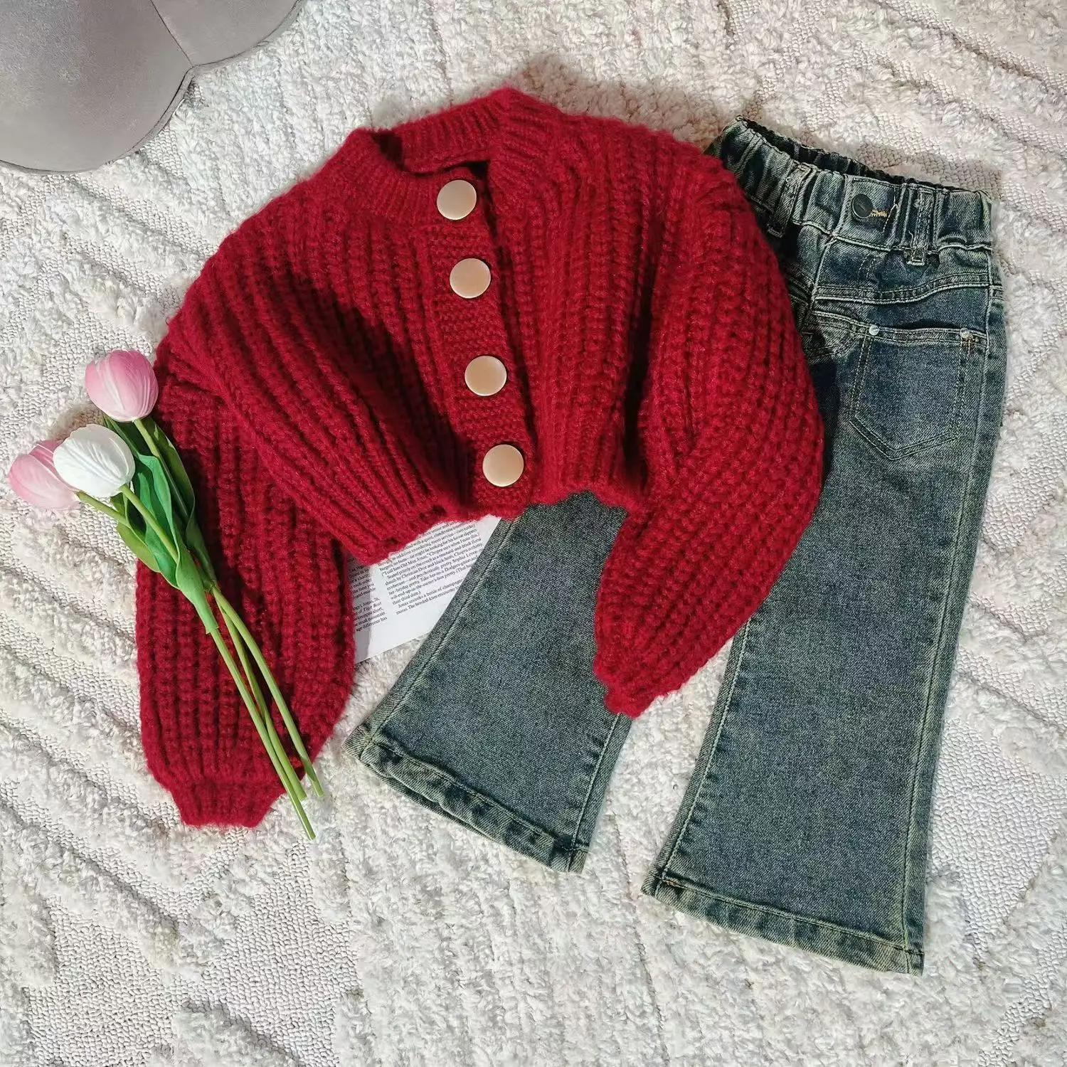 Girls Suit New Sweater Knitted Cardigan Jacket + Denim Flared Pants Two-piece Suit Outer Wear Casual Simple Autumn and Winter