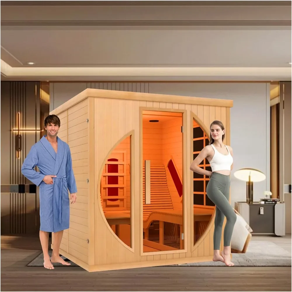 Far Infrared 2 Person Wooden Sauna Room with Recliner,Canadian Hemlock Luxury Indoor Sauna with 10 Heaters, Oxygen Bar,3400 Watt