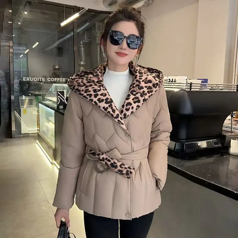 

Winter Down Cotton Jacket Women Parkas New Fashion Leopard Print Wear Belt Hooded Cotton Padded Coat Female Outerwear Coats